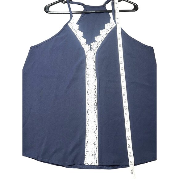 Navy Blue Womens Tank Top Adjustable Straps Crochet Front V neck MEDIUM - Picture 2 of 3